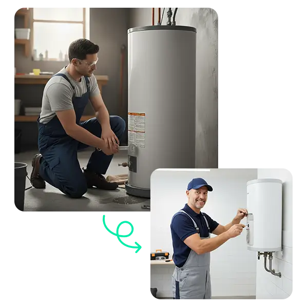 Smiling male technician in overalls and safety glasses kneeling next to a repaired water heater, holding a wrench.